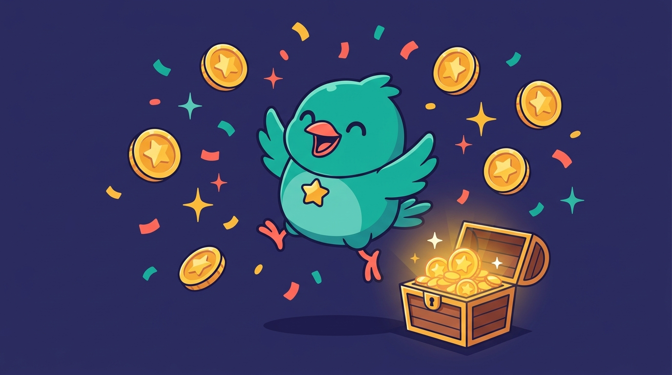 TokiNest mascot celebrating with tokens